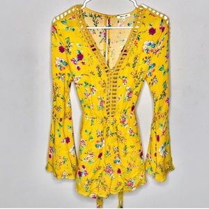 Bleuh Ciel Yellow Purple Light Blue Floral Romper Sz S